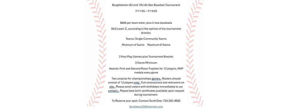 All Star Tournament 8U and 10U Baseball