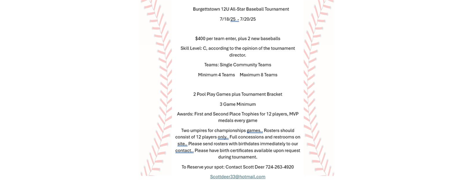 All Star Tournament 12U Baseball